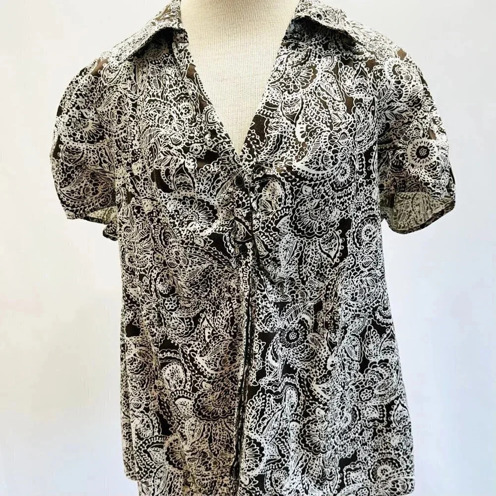 APT. 9 Women Short Sleeve Button Down Collared Brown Floral Shirt Plus Size 1X